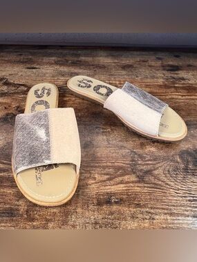 Sorel Two Tone Slide Sandals Metallic Bronze Beige Suede Casual Flat Women's 9